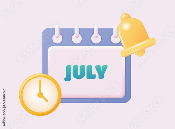 Fototapeta 3d calendar icon. July. Daily schedule planner. Calendar events plan, work planning concept. 3d cartoon simple vector illustration