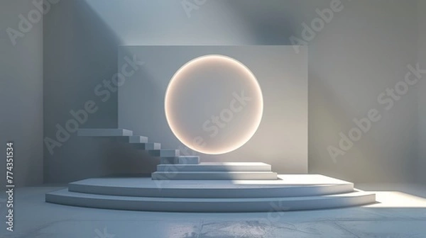 Fototapeta White Room With Stairs and Round Light