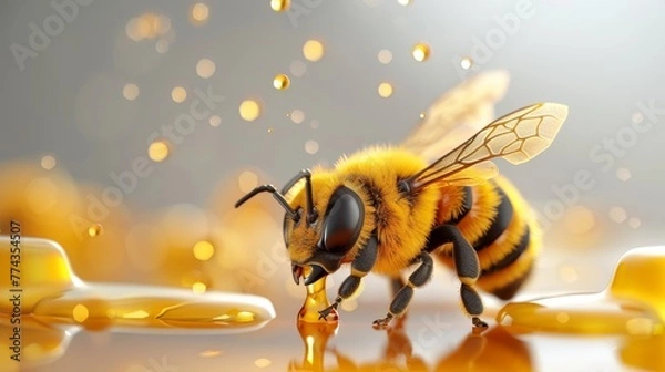 Fototapeta A bee is drinking honey from a honeycomb. The scene is warm and inviting, with the bee enjoying a sweet treat