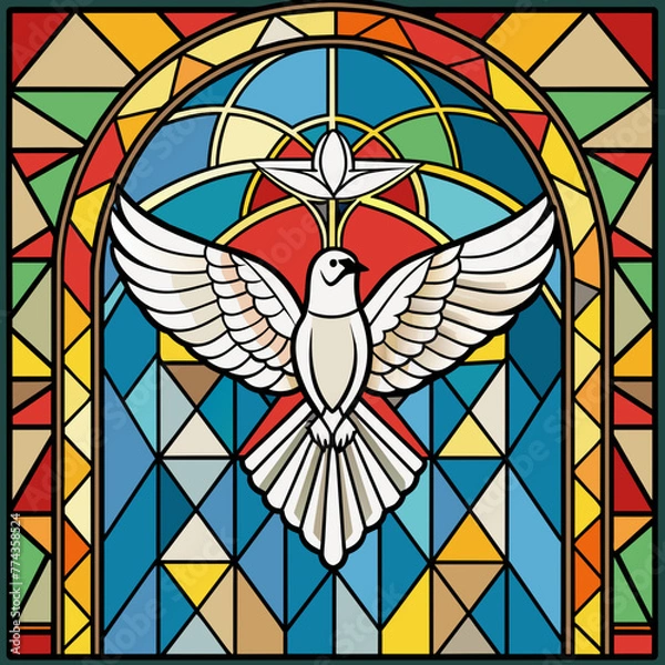 Fototapeta White Dove, Holy Spirit, Stained Glass window in Antibes Church, Holy Christianity vector illustration