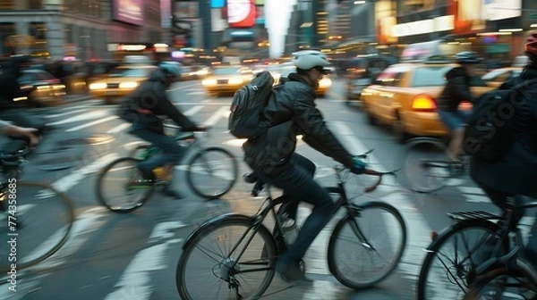 Obraz Dynamic Urban Biking Detailed photographs of urban cyclists navigating city streets frozen midride as they dodge  AI generated illustration