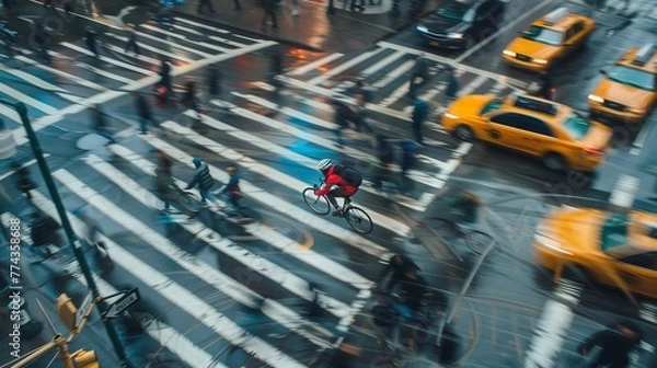 Obraz Dynamic Urban Biking Detailed photographs of urban cyclists navigating city streets frozen midride as they dodge  AI generated illustration