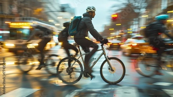 Obraz Dynamic Urban Biking Detailed photographs of urban cyclists navigating city streets frozen midride as they dodge AI generated illustration