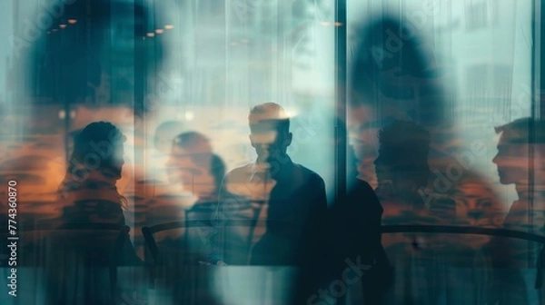 Fototapeta Figures huddled together in a meeting room their expressions blurred  AI generated illustration