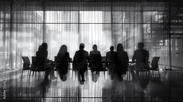 Fototapeta Figures gather around a conference table their details obscured raw AI generated illustration