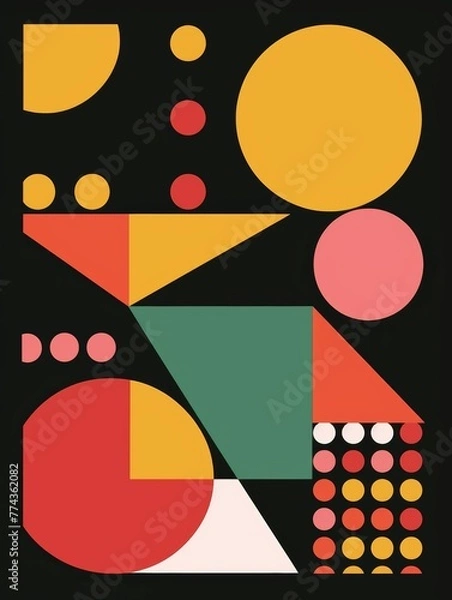 Obraz retro futuristic vertical poster in Y2K style made in minimalistic style on black background with geometric shapes and dots, retro color palette