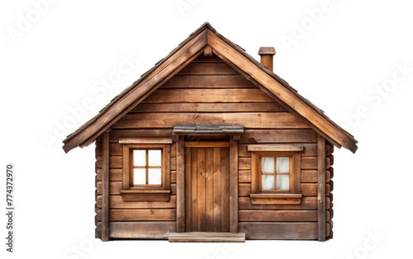 Fototapeta A small wooden house with a roof made of logs nestled in a serene forest setting