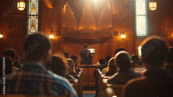 Fototapeta From the pulpit, a speaker addresses a packed church, the intensity of their message reflected in their focused expression. Natural light highlights the speaker's face, creating a