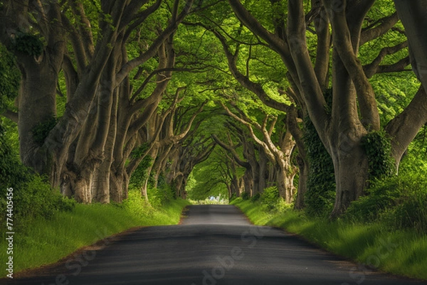 Fototapeta An empty road surrounded by trees and grass