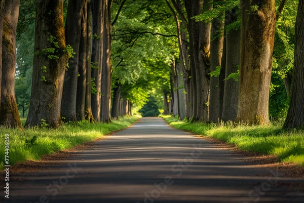 Obraz An empty road surrounded by trees and grass