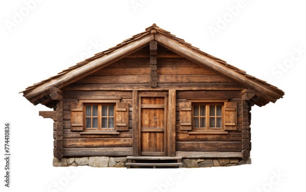 Fototapeta A quaint log cabin with two windows and a porch, nestled in nature