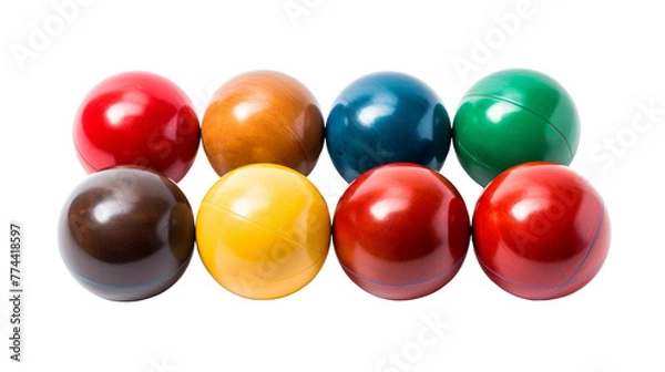 Fototapeta A vibrant group of different colored balls in various sizes, shapes, and textures arranged next to each other