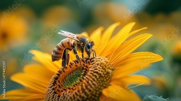 Fototapeta Macro Shot of Bee and Sunflower, generative ai