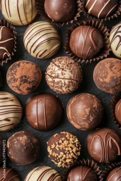 Fototapeta A top-down view of chocolate truffles arranged closely together