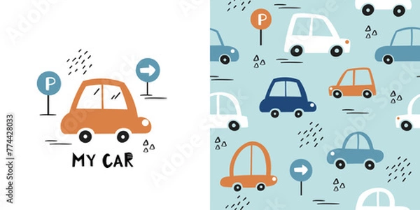 Fototapeta Сhildish pattern with little car, cute baby print. Transport seamless background, vector texture for kids bedding, fabric, wallpaper, wrapping paper, textile, t-shirt print