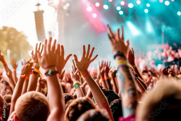 Obraz Crowd at a concert with hands up. Hands in the air positive vibes at festival.