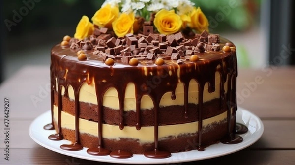 Fototapeta Drip cake with ganache or caramel dripping down the sides.