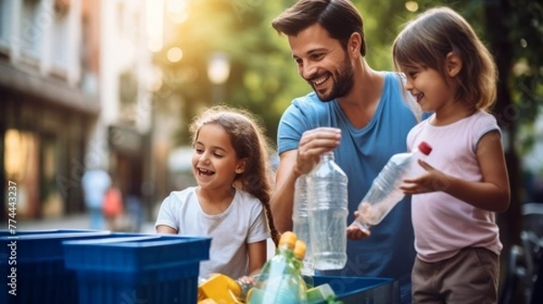 Obraz Green Family: eco-conscious parenting, teaching kids how to recycle. Recycling waste, plastic into recycling bins