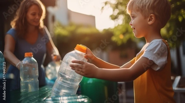 Obraz Green Family: eco-conscious parenting, teaching kids how to recycle. Recycling waste, plastic into recycling bins