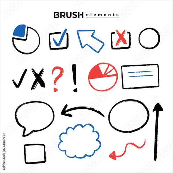 Fototapeta Hand drawn sketch marker icon, symbol, signs, arrows, check mark, speech bubble, geometric shapes