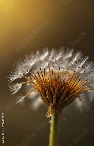 Fototapeta Dandelion closeup on a yellow background sun rays blurred background