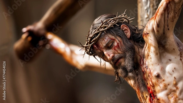 Fototapeta Close up image depicts Jesus Christ on the cross, with a crown of thorns and blood on his face and body. He is looking downwards, surrounded by a dark background. Copy space, 16:9