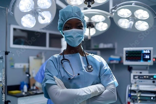 Obraz African female surgeons in Action: Empowering african Women in Surgical Attire with bouffant cap, surgical Mask and Gloves. Empowering and diversity concepts. Image created with AI.