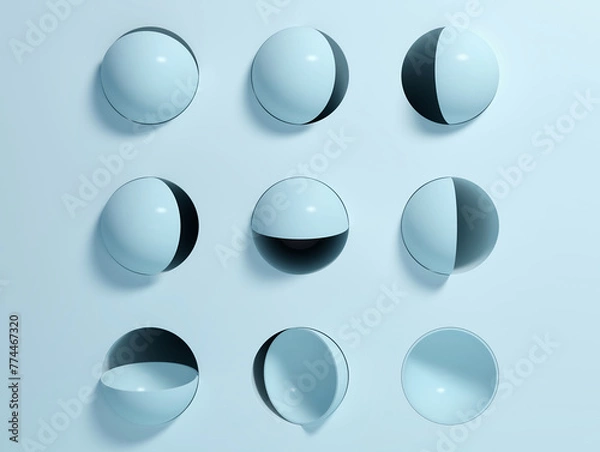 Fototapeta Abstract light blue mock up background with blue sphere  caps and round holes; minimal geometric concept space with cylindrical holes in wall; 3d rendering, 3d illustration