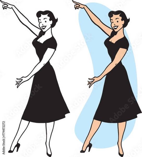 Obraz A vintage retro cartoon of an attractive woman in a dress pointing at something interesting. 