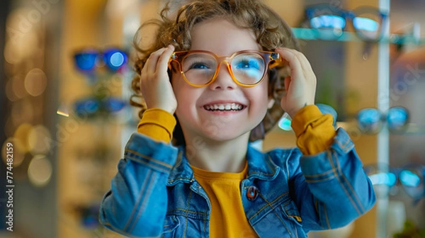 Fototapeta Young kid adjusting new spectacles, joyful expression, optometry concept.