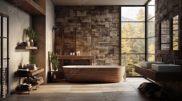 Fototapeta Interior design of a bathroom in a luxury American home in a rustic style using stone and wood, Venetian plaster and bright colors.