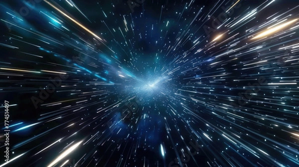 Fototapeta Lightspeed time travel background showcasing a fast journey through star galaxies and cosmos exploration. A neon line streak abstract backdrop illustrates the motion of traveling at the speed of light