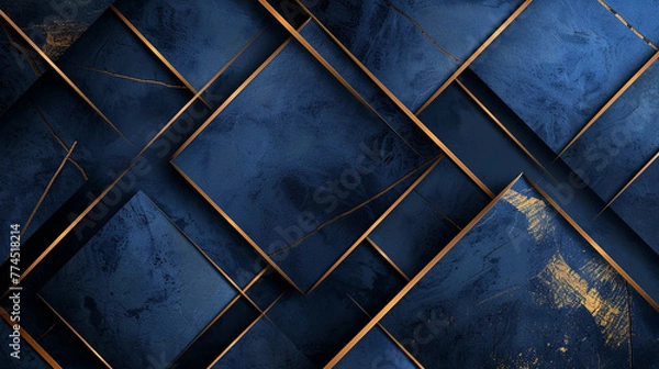Fototapeta Abstract geometric shape overlapping on dark blue background with golden lines. Luxury and elegant design. Vector illustration