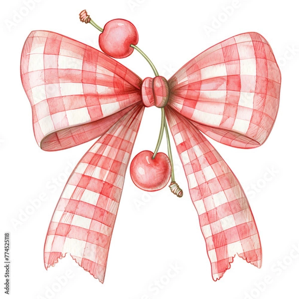 Fototapeta Pretty red bow with white checks and two cherries attached in pastel watercolor