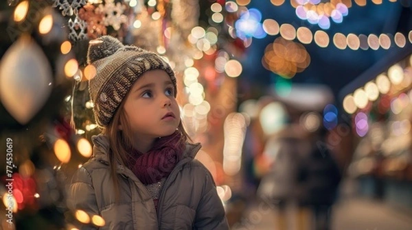 Fototapeta A girl with a look of awe as she steps into a store filled with twinkling holiday decorations  AI generated illustration