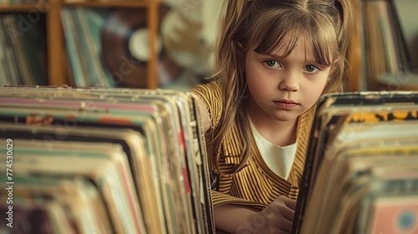 Fototapeta A girl with a look of determination as she searches through a collection of vintage vinyl records  AI generated illustration