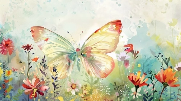 Fototapeta A watercolor butterfly with delicate wings in a garden of colorful flowers  AI generated illustration