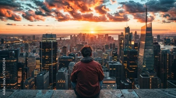Fototapeta Man sitting on the top of a building looking at the sunset