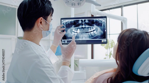 Obraz 男性の歯科医師が患者に歯のレントゲンを使用するリアルなシーン.