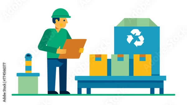 Fototapeta A factory employee inspecting a batch of recycled materials checking for quality and ensuring they are suitable for use in the manufacturing