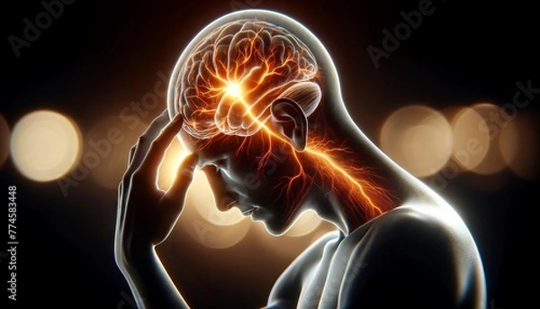 Fototapeta A medium shot of a person touching their temple, with the outline of the head glowing to symbolize a headache or migraine.