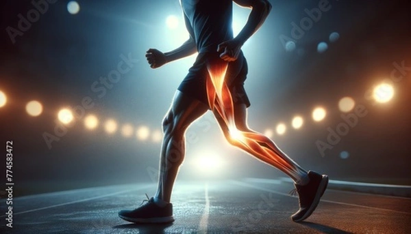 Fototapeta A medium shot of a runner’s silhouette with a glowing hamstring to represent a muscle strain.