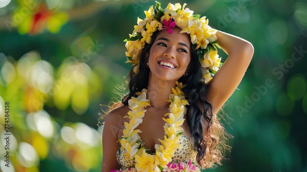 Obraz close up Hawaiian hula dancer typical of Tahiti with flower crown on her head and neck Ready to party. Lei day