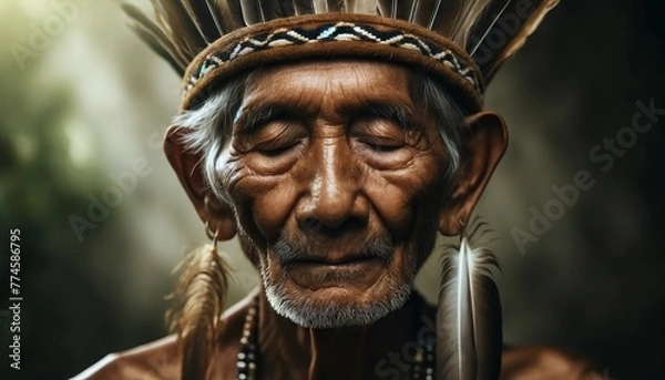 Obraz A close-up portrait of an indigenous elder with weathered skin, their eyes gently closed, wearing a crown of feathers and traditional ear ornaments.