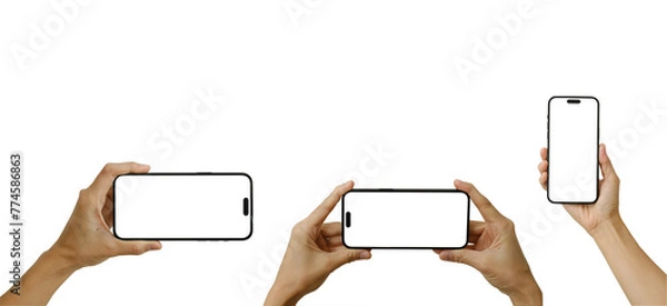 Fototapeta Smartphone mockup on hand with different postures isolated on a clear background including clipping path.  