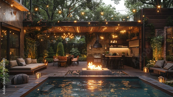 Fototapeta Rustic outdoor kitchen and dining area with a fire pit and string lightsHyperrealistic