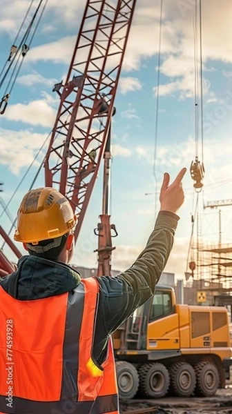 Fototapeta Signal rigger giving signals to a crane with lift truck in the background, illustration made with Generative AI
