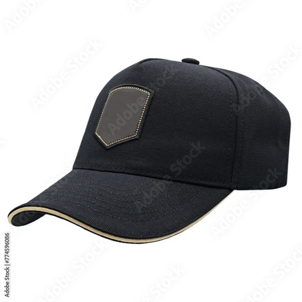 Fototapeta Black baseball cap, tracker cap with black patch for your logo. Mockup. A blank for the work of a designer. Isolate on a white background. Accessory for athletes, baseball players, bikers, rockers.