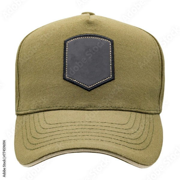 Fototapeta Khaki baseball cap, tracker cap with black patch for your logo. Mockup. A blank for the work of a designer. Isolate on a white background. Accessory for athletes, baseball players, bikers, rockers.