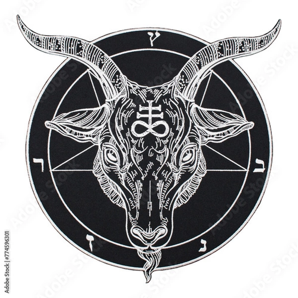 Fototapeta Embroidered patch with the image of Baphomet Pentagram, head of a goat and cross of Leviathan. Dark black magic. Skeleton reaper. Accessory for rockers, bikers, metalheads and punks. Occult symbolism.